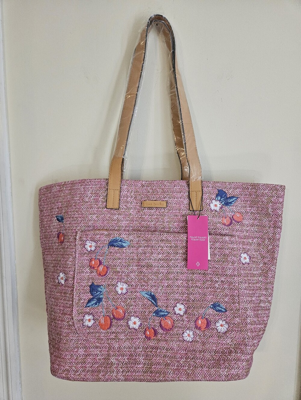 NWT Pink Cherry Vera Bradley Pocket Front Woven Tote